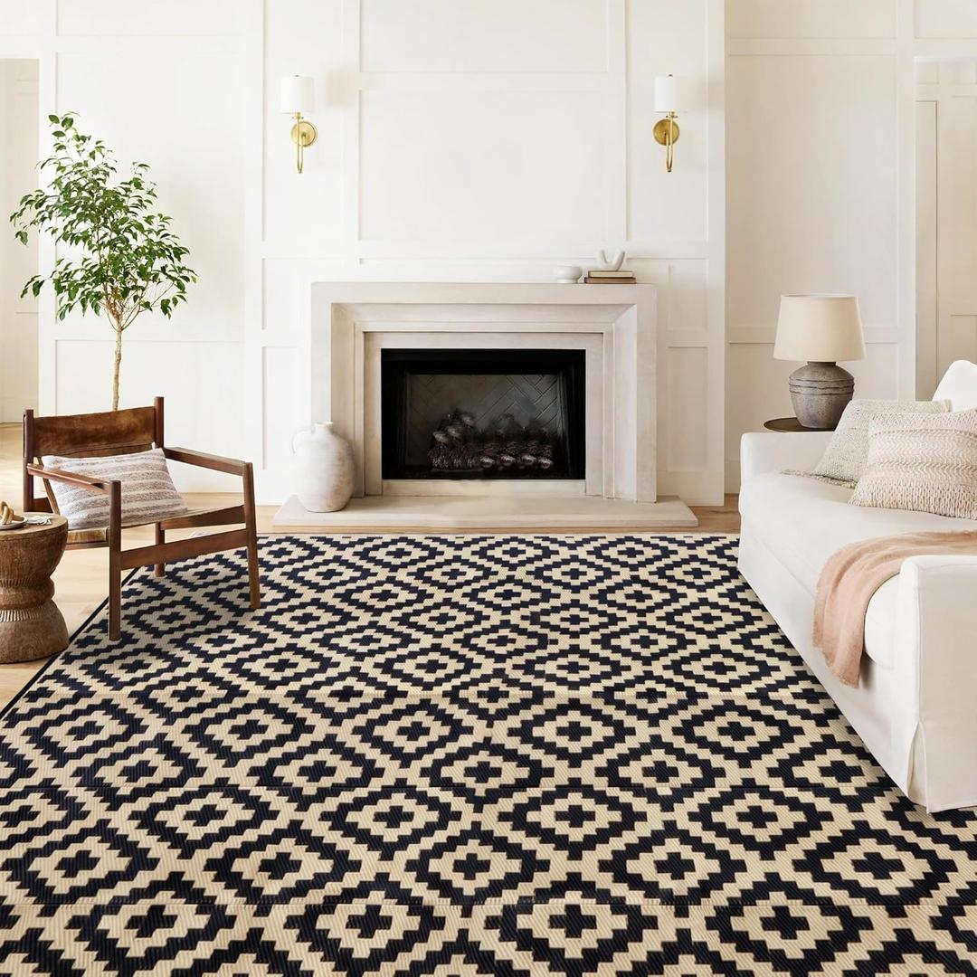 SAND MINE Waterproof Outdoor Rug 8x10 ft, Plastic Reversible Rug, Modern Area Rug, Large Floor Mat for Outdoors, RV, Patio, Backyard, Deck, Picnic, Beach, Camping, Black & Beige