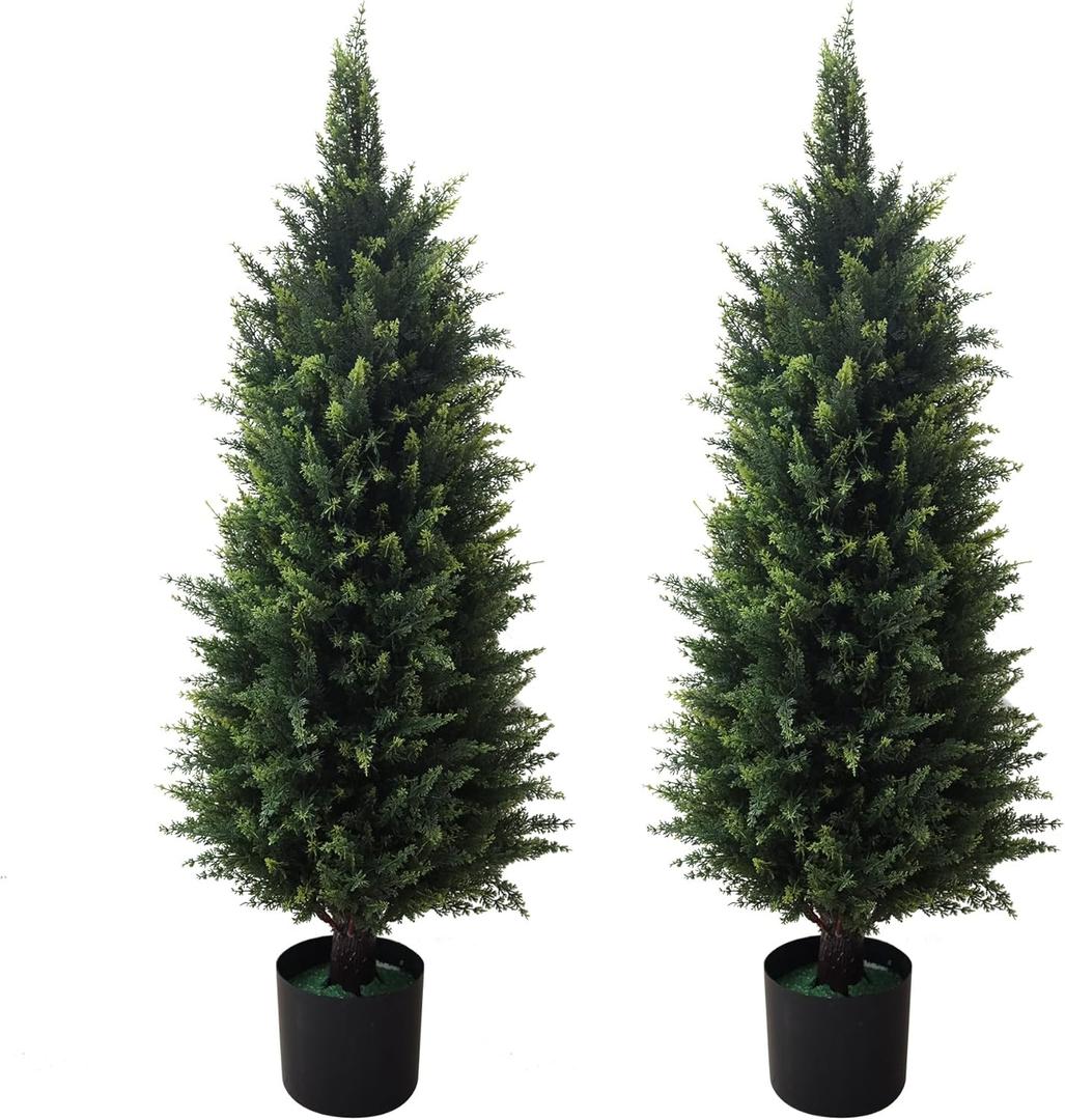 2 Pack 37 Inch Artificial Cedar Topiary Trees for Outdoor Front Porch Dcor - UV Rated Fake Plants for Indoor and Outdoor Use, Potted Shrubs for Front Door, Office