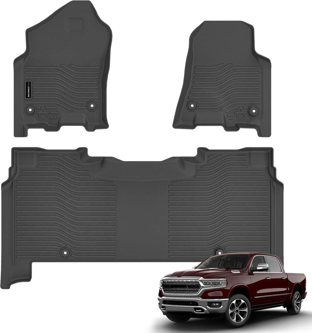AUXKO All Weather Floor Mat for Dodge Ram 1500 Crew Cab 2019-2024 New Body (NOT Classic) with Under Storage TPE Ram 1500 Accessory All Season Guard Odorless Anti-Slip Liner Black