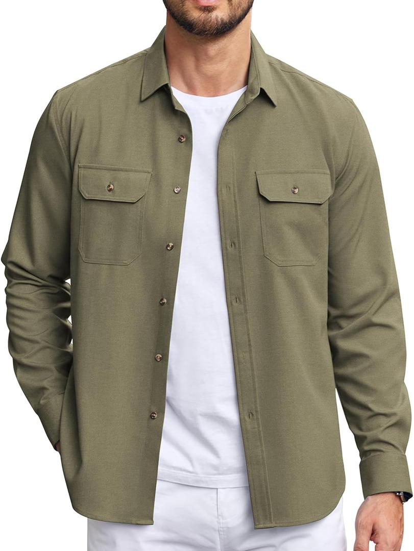 COOFANDY Mens Casual Button Down Shirts Long Sleeve Wrinkle-Free Shirt Lightweight Shirt Jacket (Medium, Army Green)