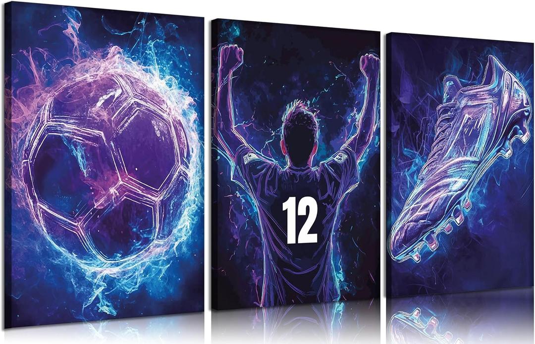 3pcs Cool Football Canvas Wall Art Neon Boys Themed Wall Decor Pictures Abstract Sneakers Posters Prints Paintings for Lovers Living Room Bedroom Decoration Prepare To Hang (Soccer)