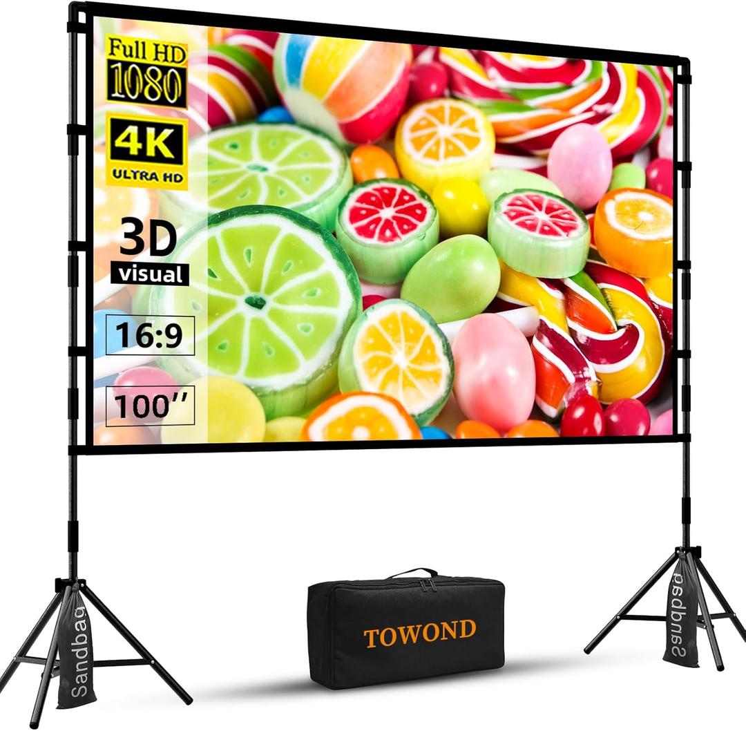 TOWOND Projector Screen with Stand, 100 inch Outdoor Projector Screen Portable Indoor Projection Screen 16:9 4K Rear Front Movie Screen with Carry Bag for Home Backyard Theater 100 inch