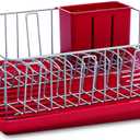 Farberware Classic Large Rust Resistant Full Dishrack with Removable 3 Compartment Flatware Caddy, Andlged Drain Board, 3-Piece, Red