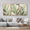 Rantodecor Sage Green Framed Canvas Wall Art, Minimalist Tropical Leaf Wall Decor, Boho Beige Nature Leaf Art Paintings, Bohemian Triple Panel Plant Artwork for Bedroom Living Room Office 24"x36"x3