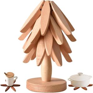 2 x Wooden Tree Trivets for Hot Dishes - Set of 4 with Stand, Natural Foldable Kitchen Trivets for Pots, Pans, Bowls & Teapots - Beech