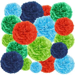EpiqueOne 20-Piece Tissue Paper Pom Poms Party Decorations Kit - Orange, Blue, Teal, Green & Light Green | Different Sizes - 6", 8", 10", 12" & 14" | Ideal for Birthdays, Bridal or Baby Showers & More