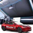 Wigoo 2025 Upgraded Accessories Tesla Model 3 Windshield Sunshade [OEM Design, 100% Sun Blockage] Foldable Heat Insulation Sun Shade with Storage Bag, for Tesla Model 3 2016~2026, Silver Coating