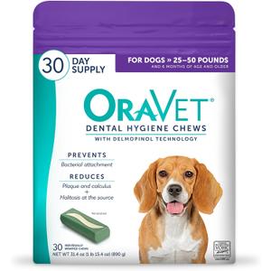 ORAVET Dental Chews for Dogs, Oral Care and Hygiene Chews (Medium Dogs, 25-50 lbs.) Purple Pouch, 30 Count (EXP 10/22/27)