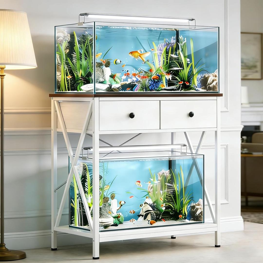 Fish Tank Stand 29 Gallon: Sturdy Aquarium Stand with Accessories Storage - Metal Fish Tank Table for 20-29 Gallon Reptile Breeder Turtle Terrarium - 30.7"x16.5" Weight Capacity 330 lbs (White)