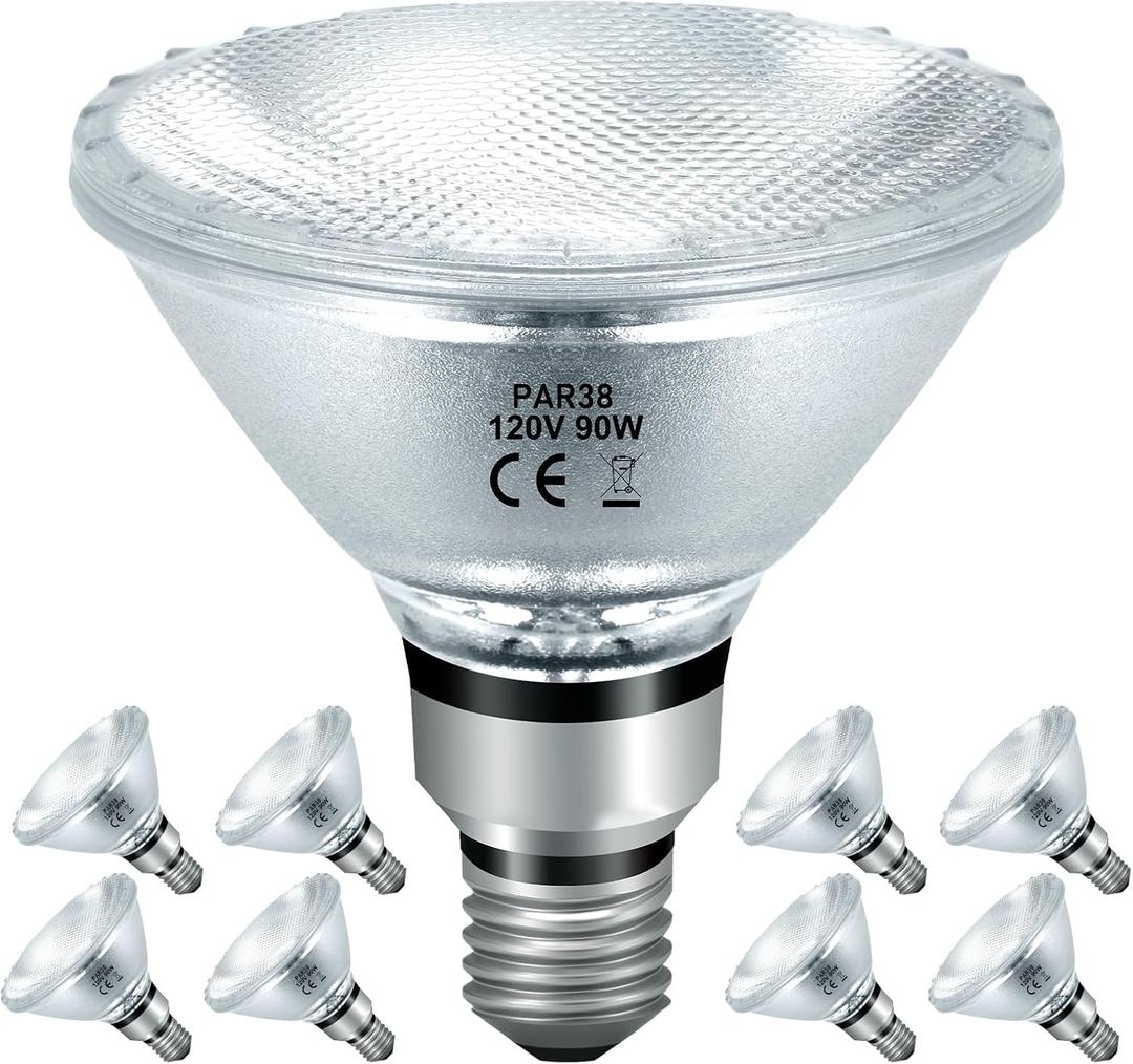 PAR38 Halogen Flood Light Bulbs 90W 120V, Par38 Halogen Light Bulbs 8 Pack for Indoor and Outdoor Floodlight Bulbs PAR38, Reptile Heat Lamp Bulbs with E26 Base, 2800K Warm White, 4050 Lumens