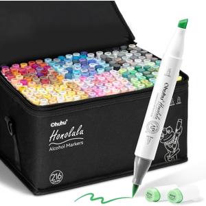 Ohuhu Brush Markers - 216-color Double Tipped Alcohol-based Art Marker Set for Artist Adults Coloring Illustration -Brush & Chisel Dual Tips - Honolulu Series of Ohuhu Markers - Refillable Ink