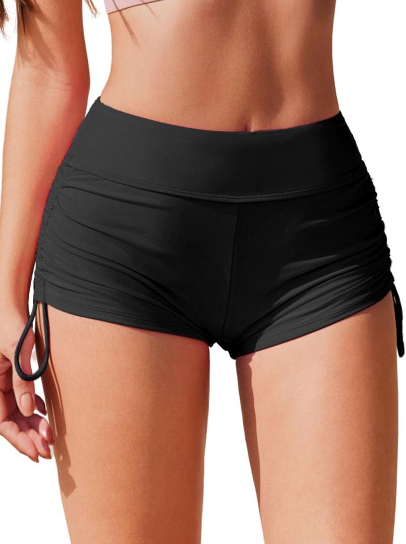 AI'MAGE Womens 3" Swim Board Shorts High Waisted Bathing Suit Bottoms Boy Shorts Adjustable Ruched Side Bikini Shorts (Large, Black)