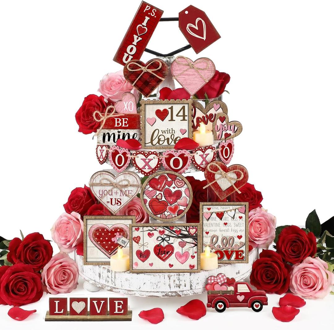 Moucuny 24 Pcs Vintage Farmhouse Valentine's Day Tiered Tray Decor Set Heart Wooden Valentine Table Centerpieces Love Heart XOXO Wooden Signs for Home Decor