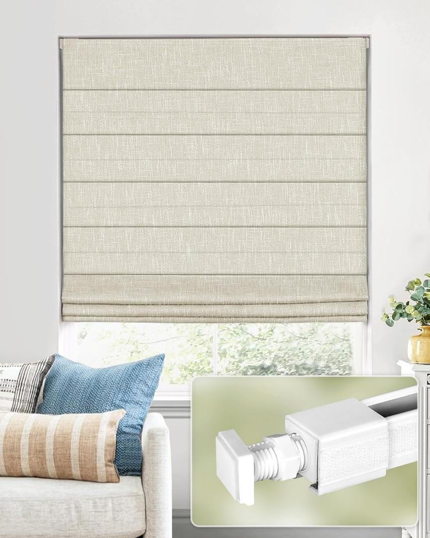UNISHADES No Drill Cordless Roman Shades, Room Darkening, 29×48 in Beige