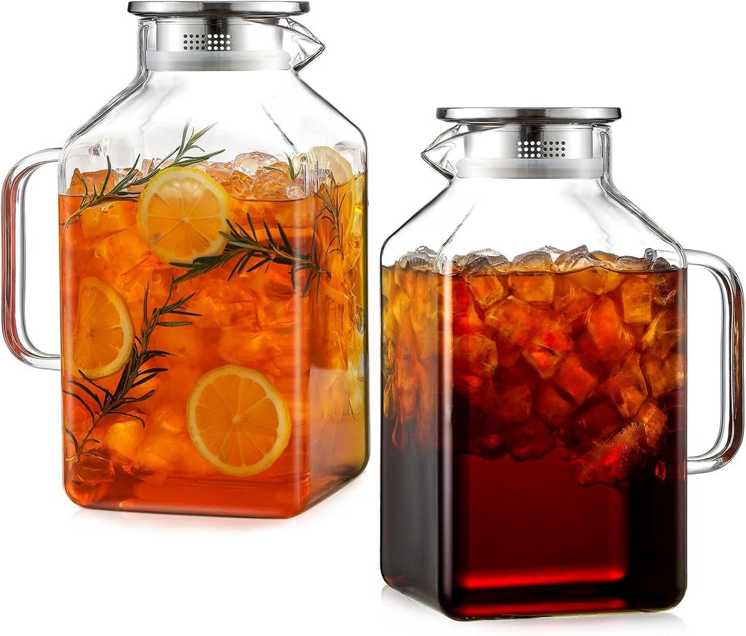 2 Pack 1 Gallon Square Glass Pitcher with Lid and Spout, Borosilicate Glass Carafe for Hot/Cold Drink, Water Pitchers with Handle for Fridge, Extra Large Jug for Iced Tea, Coffee, Juice, Beverage 