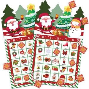 Christmas Bingo Games - 24 Players Bingo Set Paper Bingo Cards Disposable for Adults Christmas Party Games for Family Larger Groups Gatherings