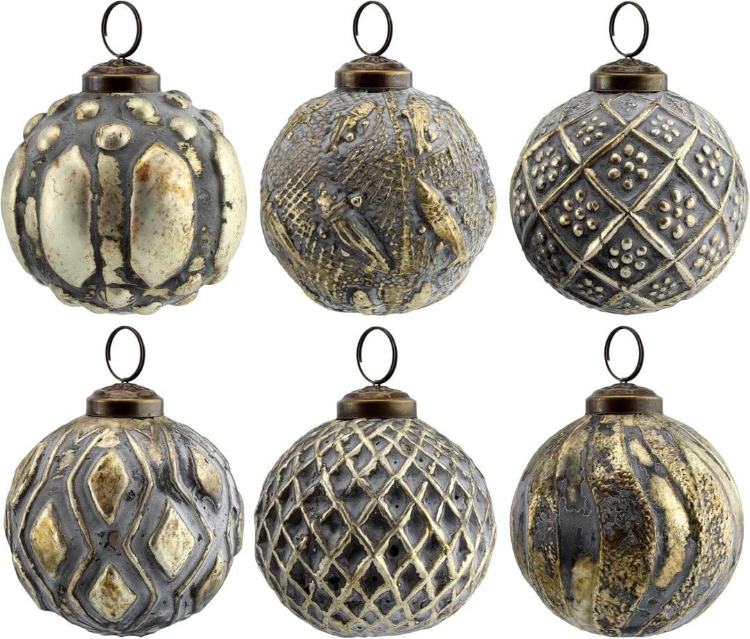 AuldHome Design Farmhouse Ball Ornaments (Set of 6, Antique Gold); Distressed Metal Glass Ball Vintage Style Christmas Decorations (Gray,gold,silver)