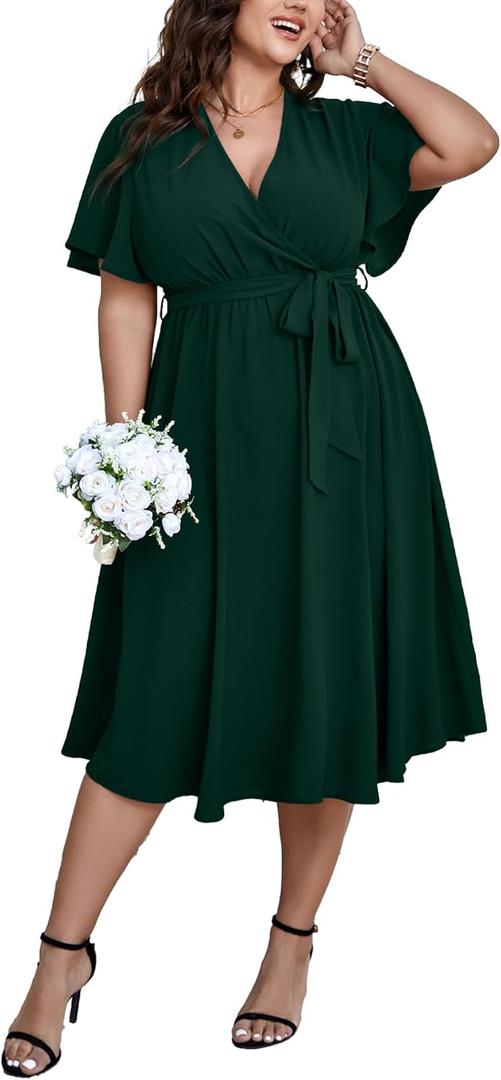 SCOMCHIC Womens Plus Size Wedding Guest Cocktail Midi Dress Summer Short Sleeve Wrap V Neck Belted A-Line Flowy Dress (Green, XXL)