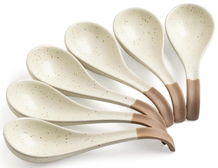 LYEOBOH 6 Pieces Asian Soup Spoons, Japanese Kitchen Soup Spoon Set, Dinner Tablespoons with Long Handle for Cereal, Ramen, Ice Cream, Dishwasher & Microwave Safe, Rustic Decor, White and Brown