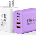 USB C Fast Charger Block, 60W 5-Port USB C Wall Charging Blocks, Type C Chargers Fast Charging Brick, 3USB C+2USB A PD&QC3.0 Multiport Charger Plug for Phone 17/16/15/14/13 Pro Max, White+Purple