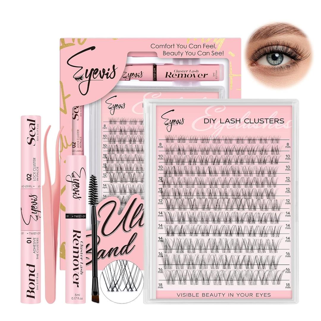 Flora Lash Clusters Kit 144PCS Ultra-Thin Invisible Band Lash Extension Kit 8-18mm Manga Eyelash Extension Kit C Curl Lash Clusters Wet-Look Anime DIY at Home Flora Kit,8-18mm