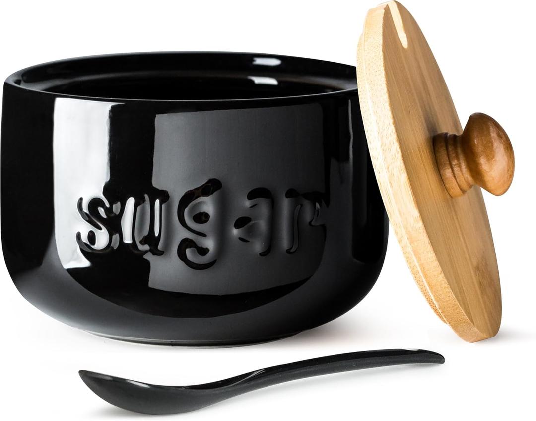 LYEOBOH Black Sugar Bowl with Lid and Spoon, 17 OZ Sugar Jar, Sugar Container for Coffee Bar, Ceramic Jar with Lid, Sugar Bowls for Countertop, Azucarera for Kitchen