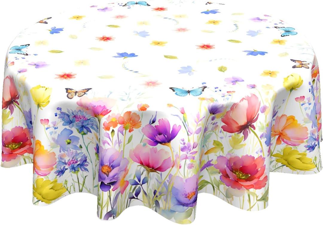 Spring Summer Floral Tablecloth Round 60 Inch Watercolor Flowers Colorful Table Cloth Circle Multicolor Table Cover Tabletop for Home Decor Dining Room Kitchen Party Picnic