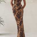 BTFBM Women's Summer Maxi Tube Dress Strapless Side Slit Long Floral Bodycon Dress Elegant Party Cocktail Dresses (Brown, XXL)