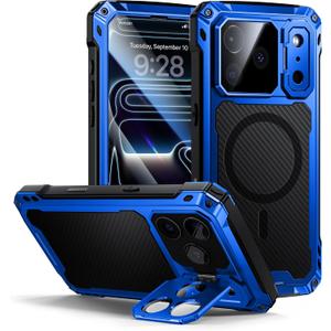 Lanhiem for iPhone 17 Pro Metal Case with Kickstand, Compatible with MagSafe, Built in Tempered Glass Screen Protector, Heavy Duty Shockproof Rugged Phone Cases, Full Body Tough Cover 6.3"(Blue)