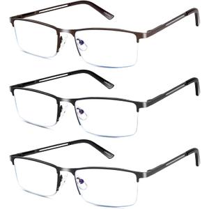 Reading Glasses for Men, 1.0 Blue Light Blocking Reading Glasses Metal Readers (3 Pack(gun/Black/Brown))