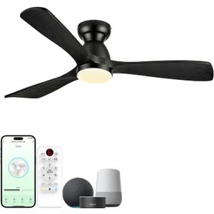 52in Smart Flush Mount Ceiling Fans with Lights,Outdoor Low Profile Wood Ceiling Fan Quiet DC Motor,Work with Alexa/Gg Voice Control/App/Remote,Dimmable,6-speed, Easy Install for Patio,Porch,Black