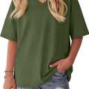 Oakgarden Girls' Shirts 5-14 Years Oversized Short Sleeve Summer T-Shirts V Neck Drop Shoulder Top Kids Casual Basic Cute Tee