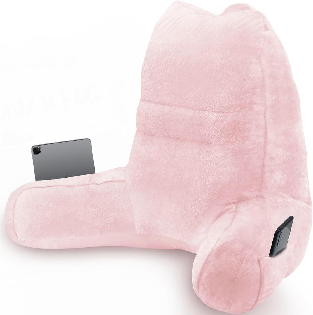 Sasttie Reading Pillow for Bed - 23 Inch, Large Back Pillow for Bed Sitting Up, Back-Rest Support Cushion for Adults with Side Pockets and Arms, Dorm Essentials, Oeko-Tex Certified, Light Pink