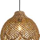 13.8in Rattan Pendant Lights Boho Chandelier Lighting Handwove Brown Wicker Hanging Pendant Lights for Dining Room Living Room Bedroom Kitchen Island Hallway Restaurant 1-Light