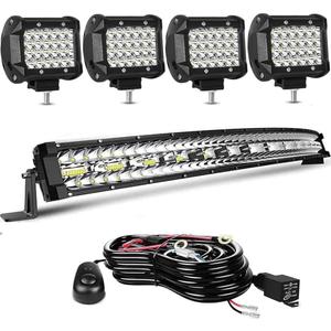 LED Light Bar Kits - 32IN Curved 585W Triple Row Offroad Driving LED Light Bar+ 4pc 4inch 72W Led Pod Lights with Wiring Harness-3 Lead Fit for Pickup Trucks SUV ATV UTV Boat Lights