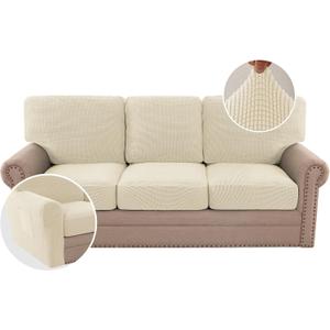 H.VERSAILTEX Multi-Pieces Sofa Covers Stretch Couch Covers Form Fitted Seats and Back Cushions Covers (3 Seat Covers Plus 3 Back Cusion Covers, Bonus 2 Armrest Covers), Natural