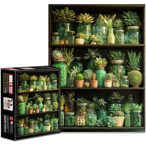 1000 Piece Jigsaw Puzzles for Adults, Green Succulents and Cactus in Glass Jars, Botanical Plant Shelf Puzzle, Relaxing Nature Family Game Home Decor
