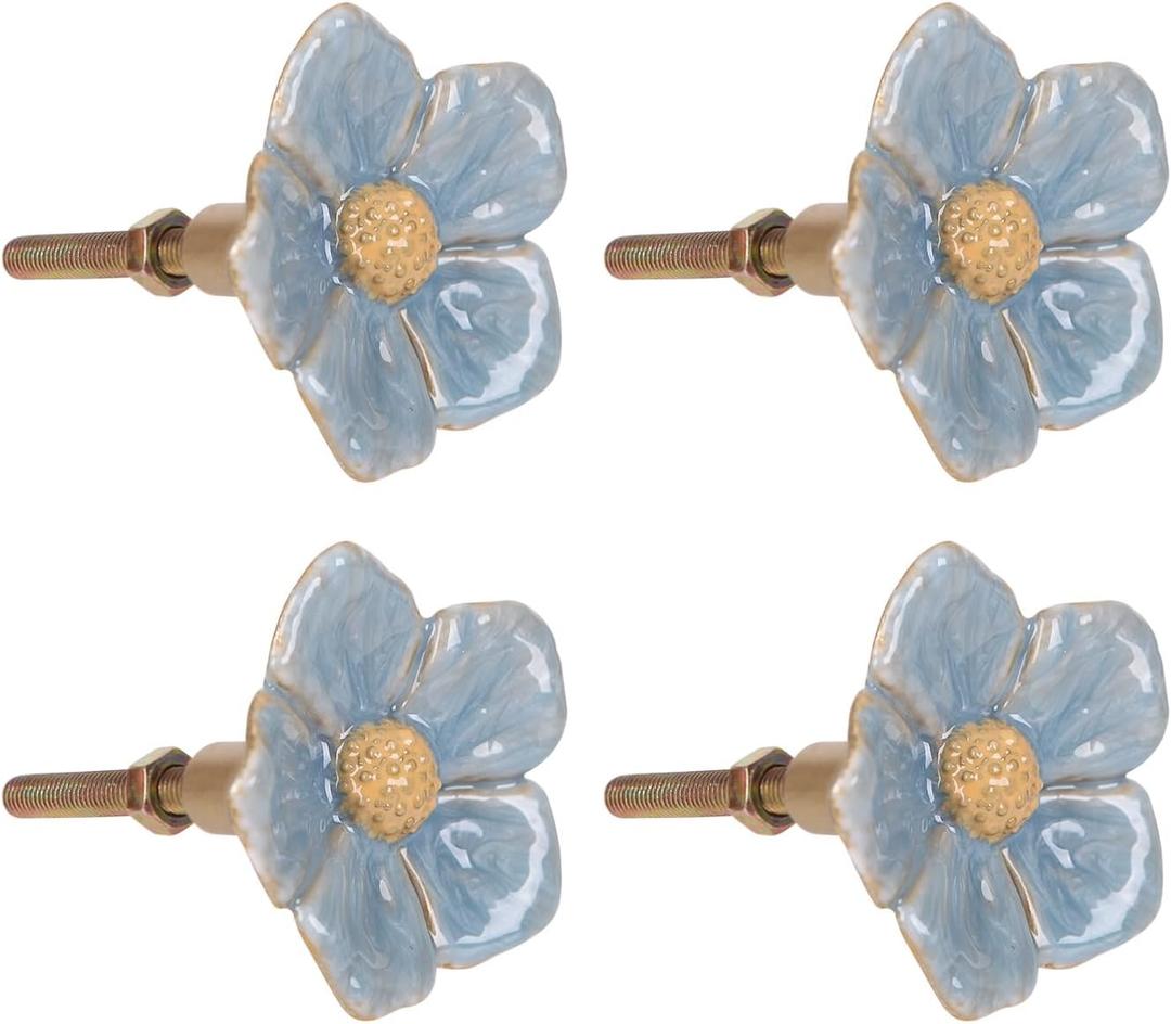 NIKKY HOME Cabinet Knob 4 Pack Flower Drawer Knob Decorative Vintage Door Cupboard Solid Metal Pulls Handles for Furniture Bedroom Living Room Bathroom - Blue