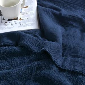 JOOJA Baby Blanket Neutral Muslin Swaddle Blankets for Newborns Soft Fuzzy Receiving Blankets Reversible Toddler Blanket Blue 47"x47"