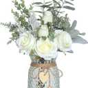 Faux Flowers with Vase,Artificial Silk Roses in Vase, Fake Plant Eucalyptus Flower Arrangement for Home Office Farmhouse Bathroom Dining Table Centerpiece Decorations Coffee Table Decor (White)