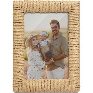 takfot Boho 5x7 Picture Frame, Natural Boho Rattan Photo Frame with Real Glass Paper Rope for Wall and Tabletop Display Gift for Mom Grandma Family Friends