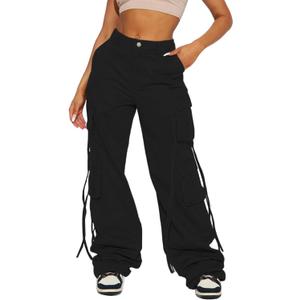 Women Y2k High Waisted Straight Leg Relaxed Fit Cargo Pants with 6 Pockets Streetwear Concert Dance Outfit (Small, Black)