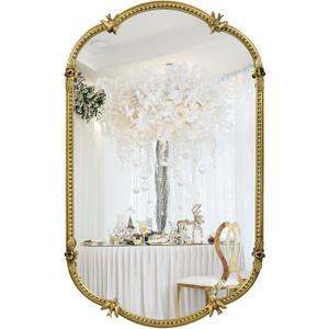 Gold Oval Wall Mirror, 19"x32" Metal Beaded Frame Decorative Mirror, Cute Flower Bird Pattern Vintage Scalloped Hanging Vanity Mirror for Bathroom, Living Room, Bedroom, Entryway