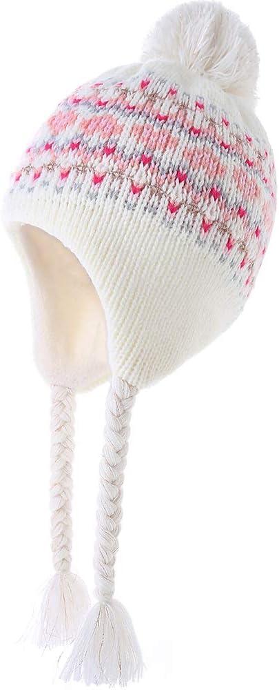 Moon Kitty Girls Knit Hats Winter Fleece Lining Skiing Winter Caps with Warm Ear Flap (6-10 Years, Beige)