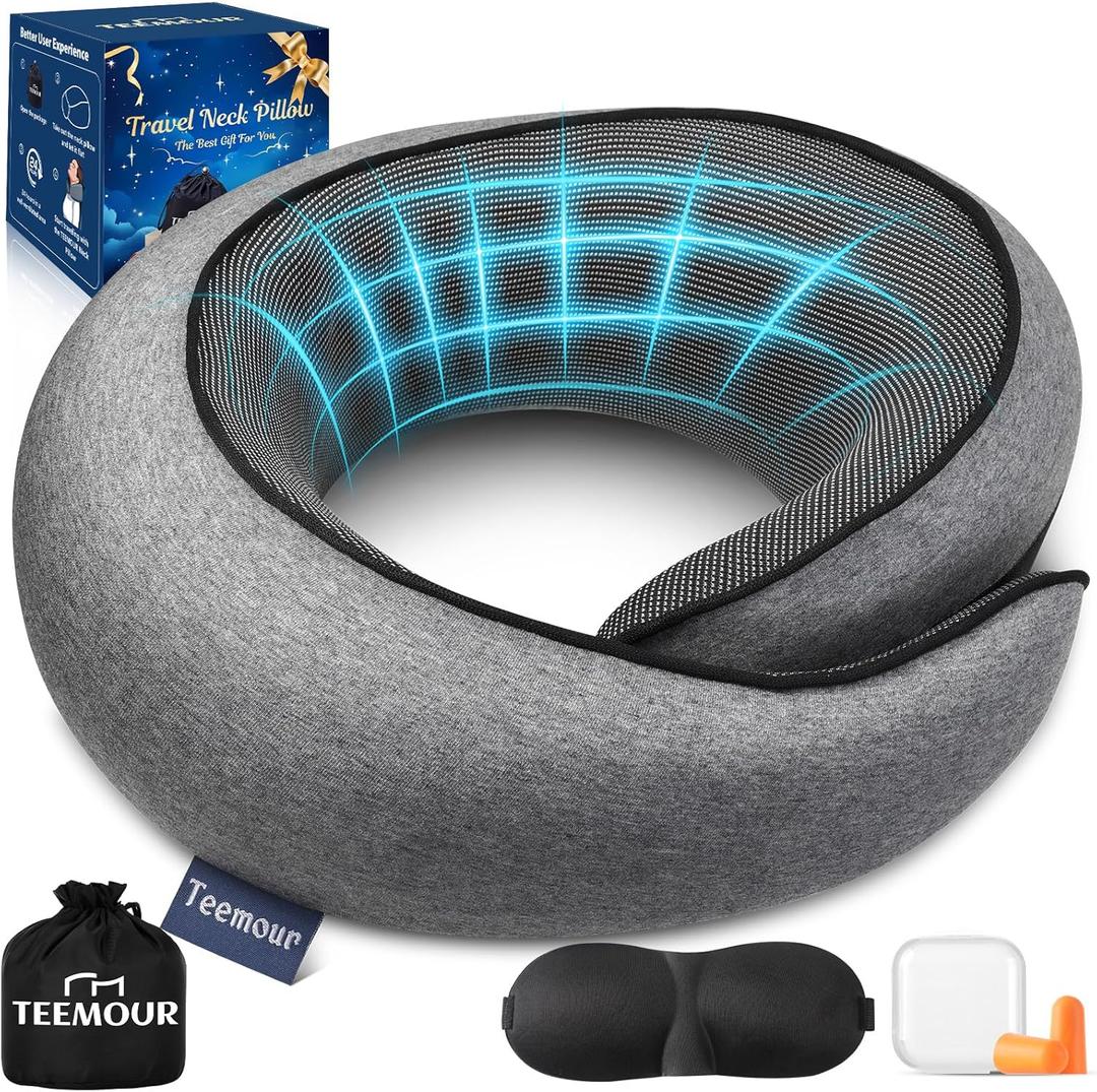 Teemour Travel Neck Pillow Airplane 360 Support Memory Foam Travel Pillows for Airplanes with Eye Mask & Ear Plugs, Portable Carry Bag for Travel & Office, Essentials for Home, Business Trip, Large (Dark Grey (Large Size))
