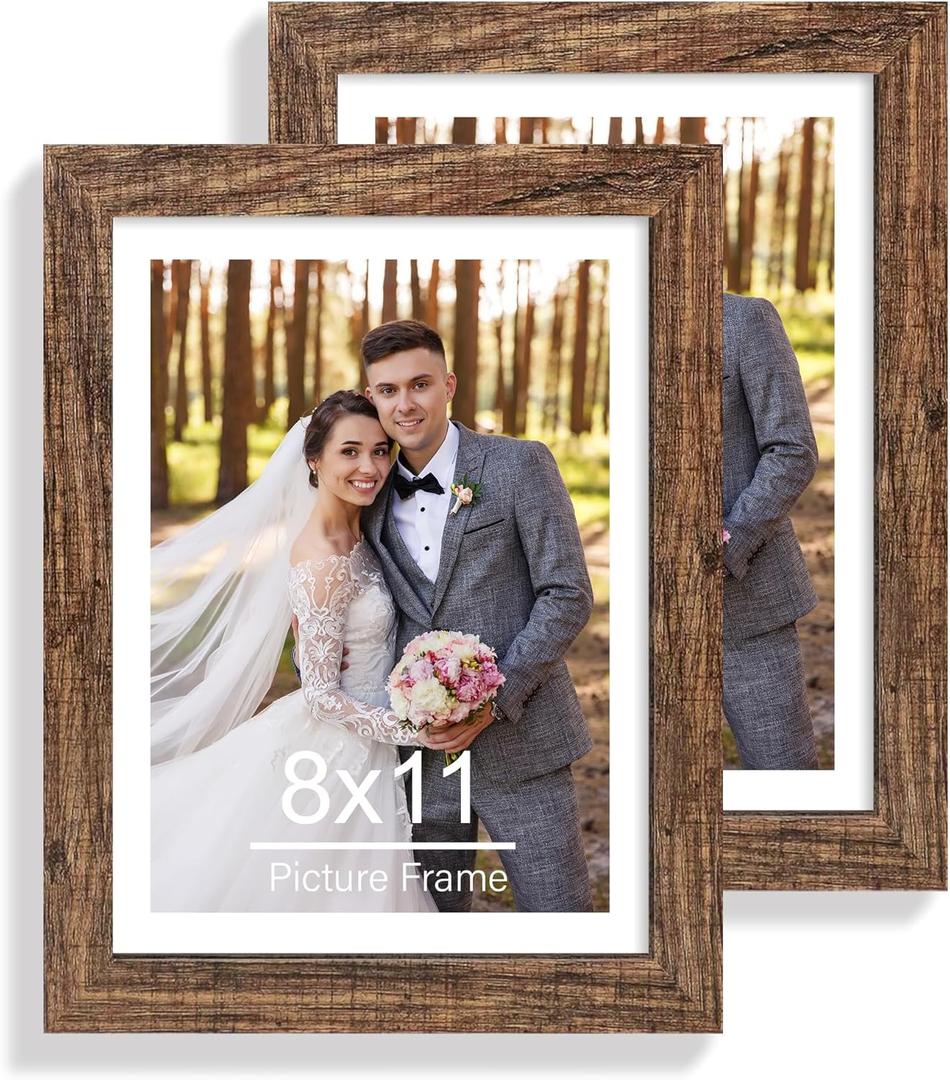 Hongkee 8x11 Picture Frame Set of 2, Made of Real Glass and Rustic Brown Wooden Frame - 8 by 11 Photo for Wall or Tabletop Display