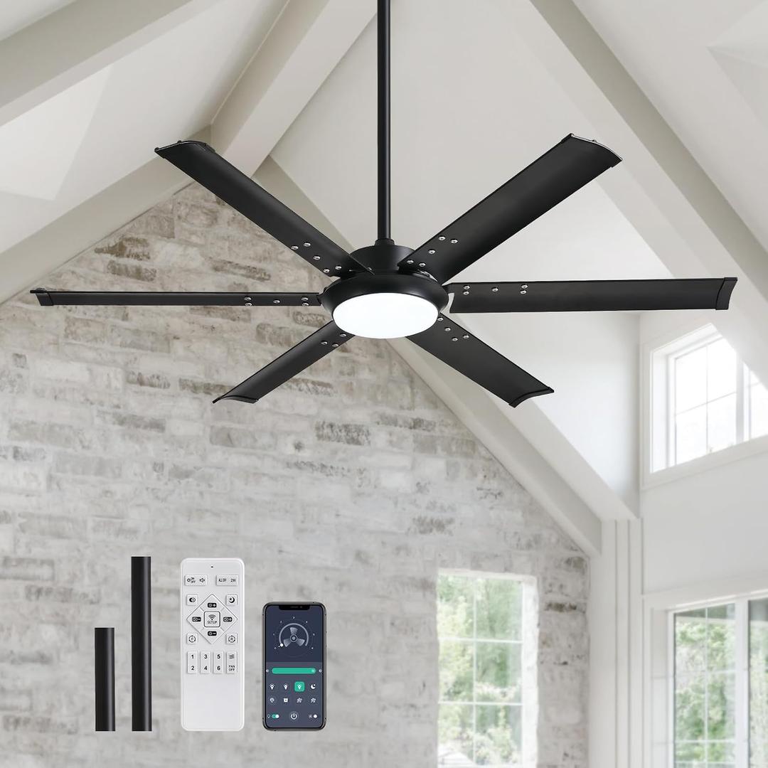 52 Inch Ceiling Fan with Lights and Remote Control, Black Industrial Fan Light Aluminum Fandelier Dimmable Reversible 6 Speed Silent for Living Room Patio Bedroom Dining Room
