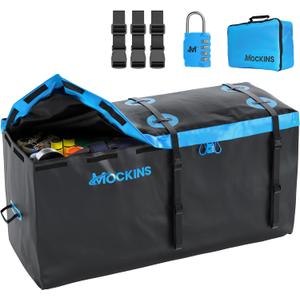 Mockins 25 Cu.Ft. Large Trailer Hitch Cargo Carrier Bag | 60"x24"x31" Soft-Shell Vinyl Cargo Bag for Hitch Carrier | Weatherproof Car Storage Bag | Waterproof Truck Bed Storage Set w/Accessories (25 Cubic Feet - 60"x31"x24")