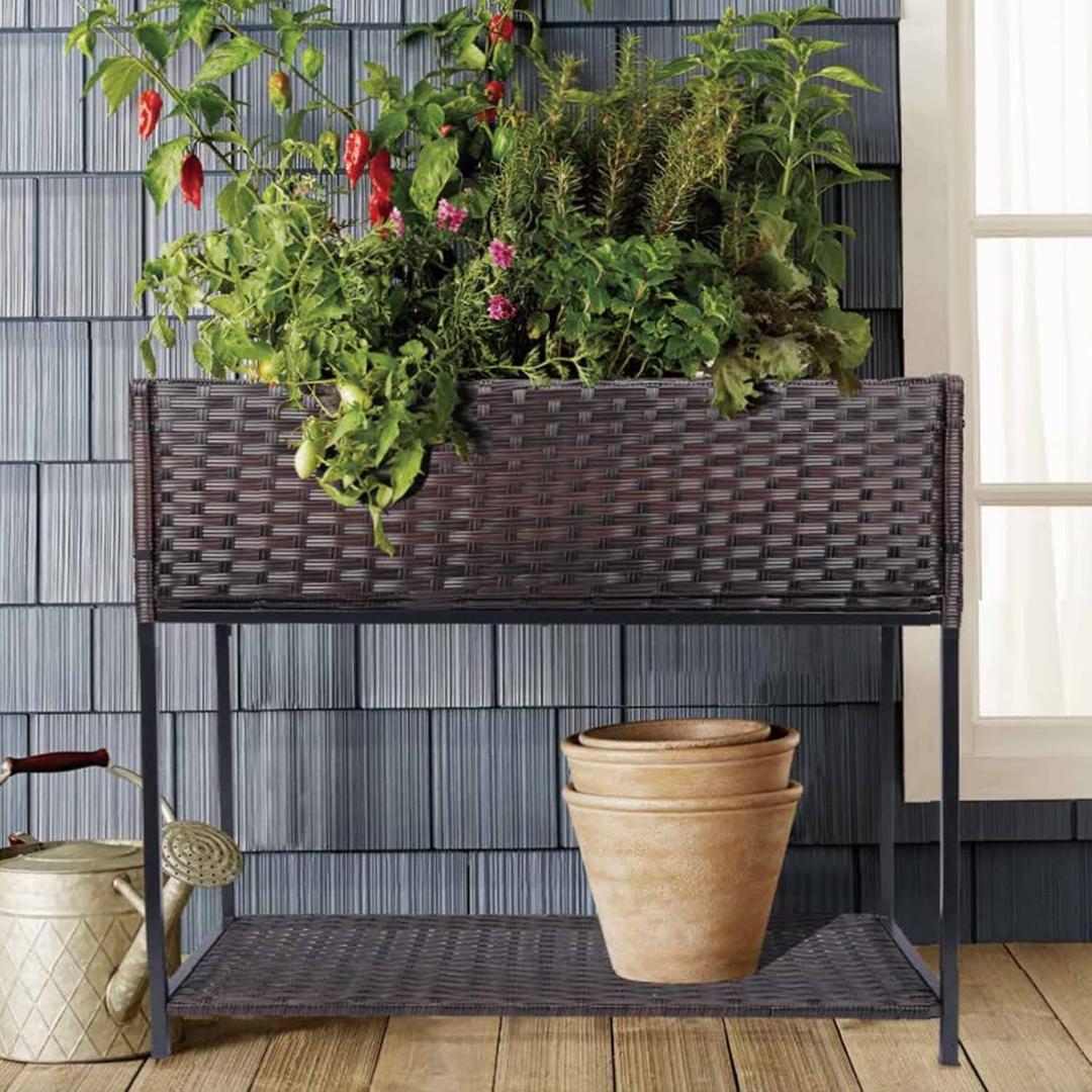 Raised Garden Bed - 3x1.5x2.5 ft Rattan Raised Bed Wicker Elevated Raised Garden Bed with Underneath Tool Storage Rack Shelf, Outdoor Raised Flower Planter Box