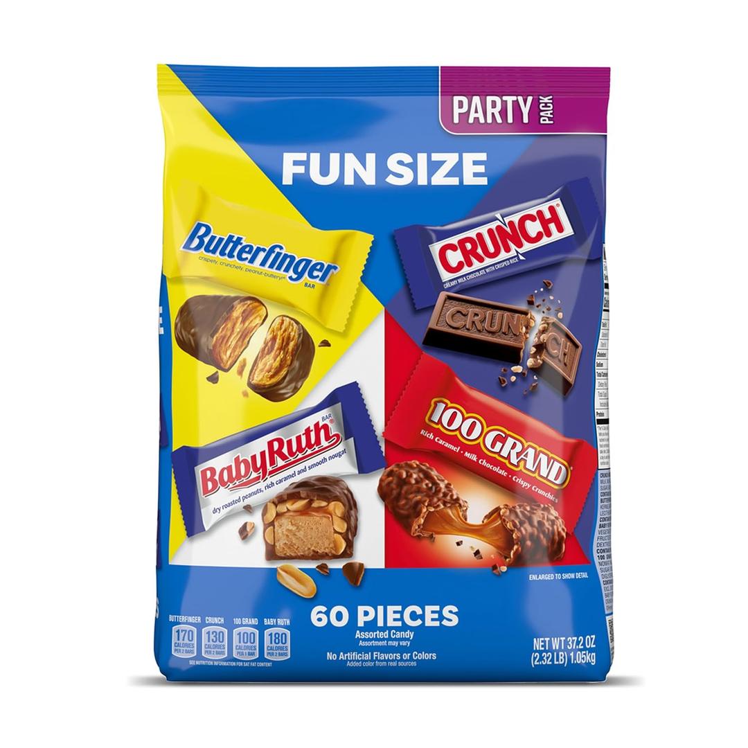 Assorted Butterfinger, Crunch, Baby Ruth, and 100 Grand Fun Size Chocolates, 60 count Party Pack, 37.2 oz (EXP 06/03/26)